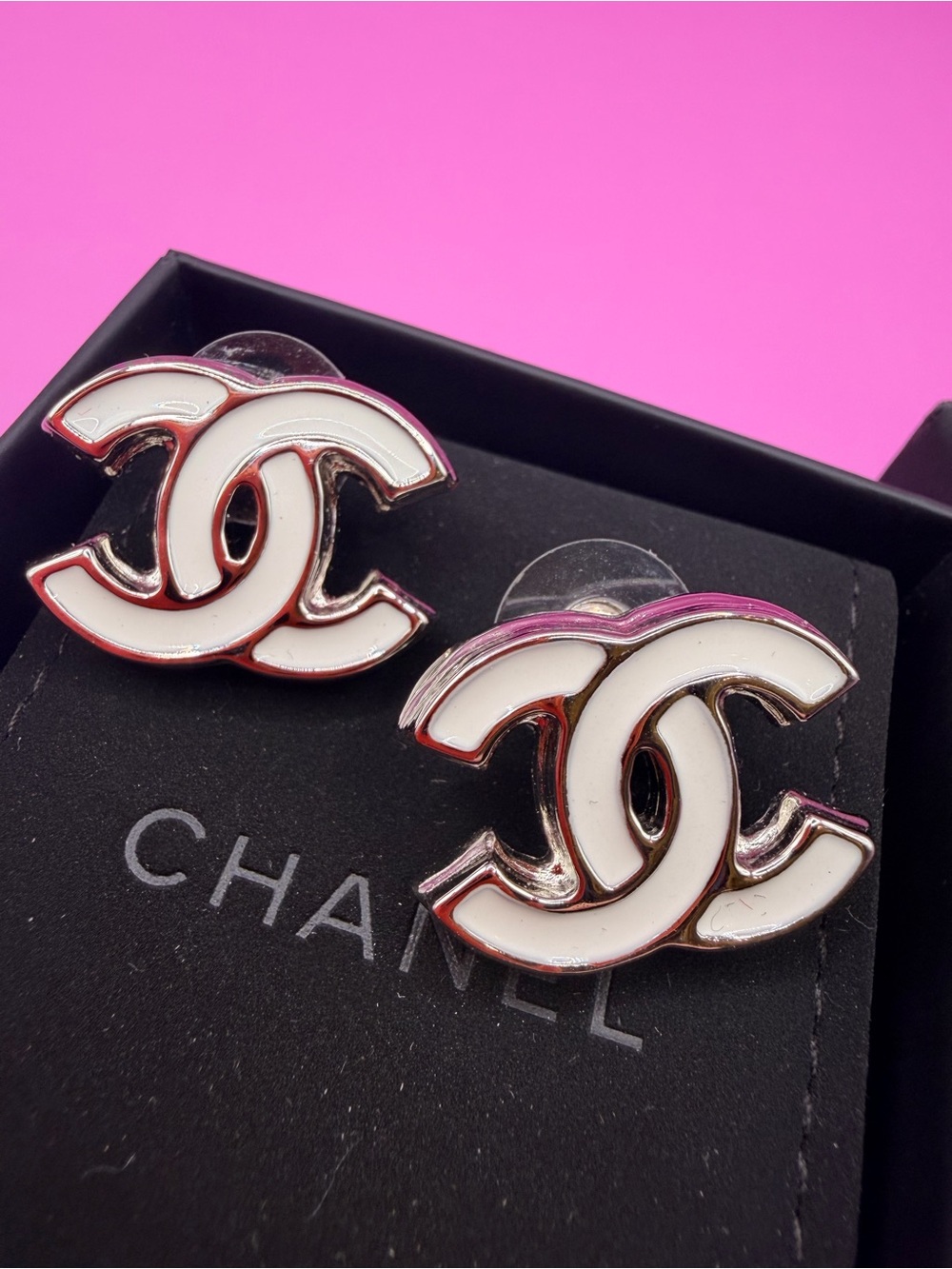 Authentic CHANEL Pink and White CC Logo Stud Earrings - Picture 2 of 6